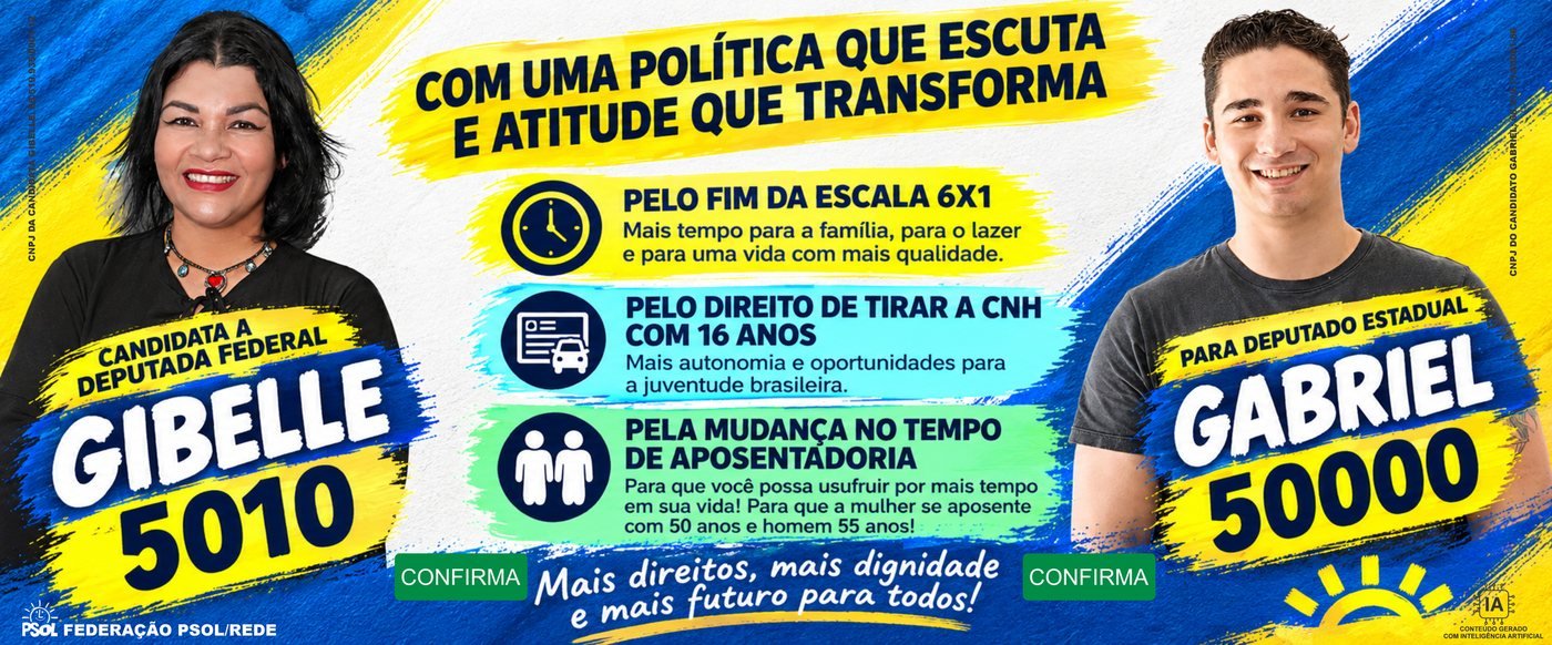 Gibelle 5010, candidata a Deputada Federal, e Gabriel 50000, candidato a Deputado Estadual: pelo fim da escala 6x1, direito à CNH aos 16 anos e mudança no tempo de aposentadoria